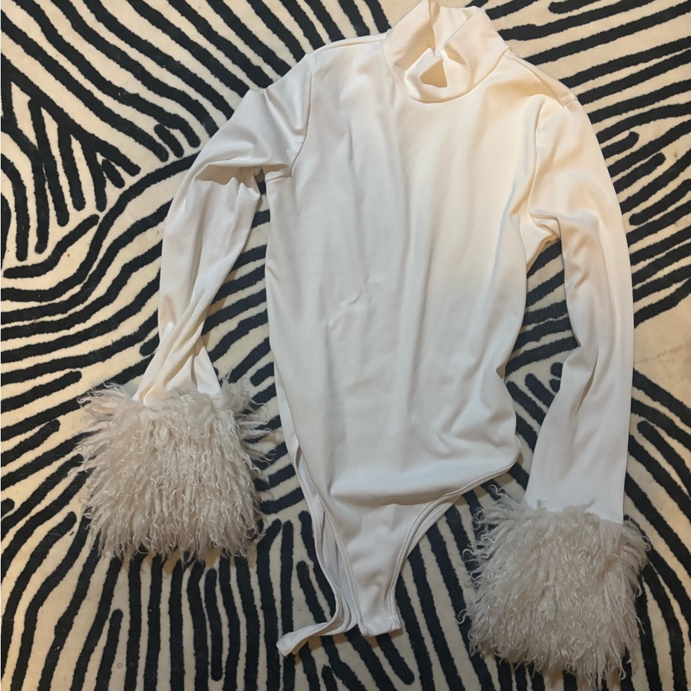 White Bodysuit with Faux Fur Cuffs